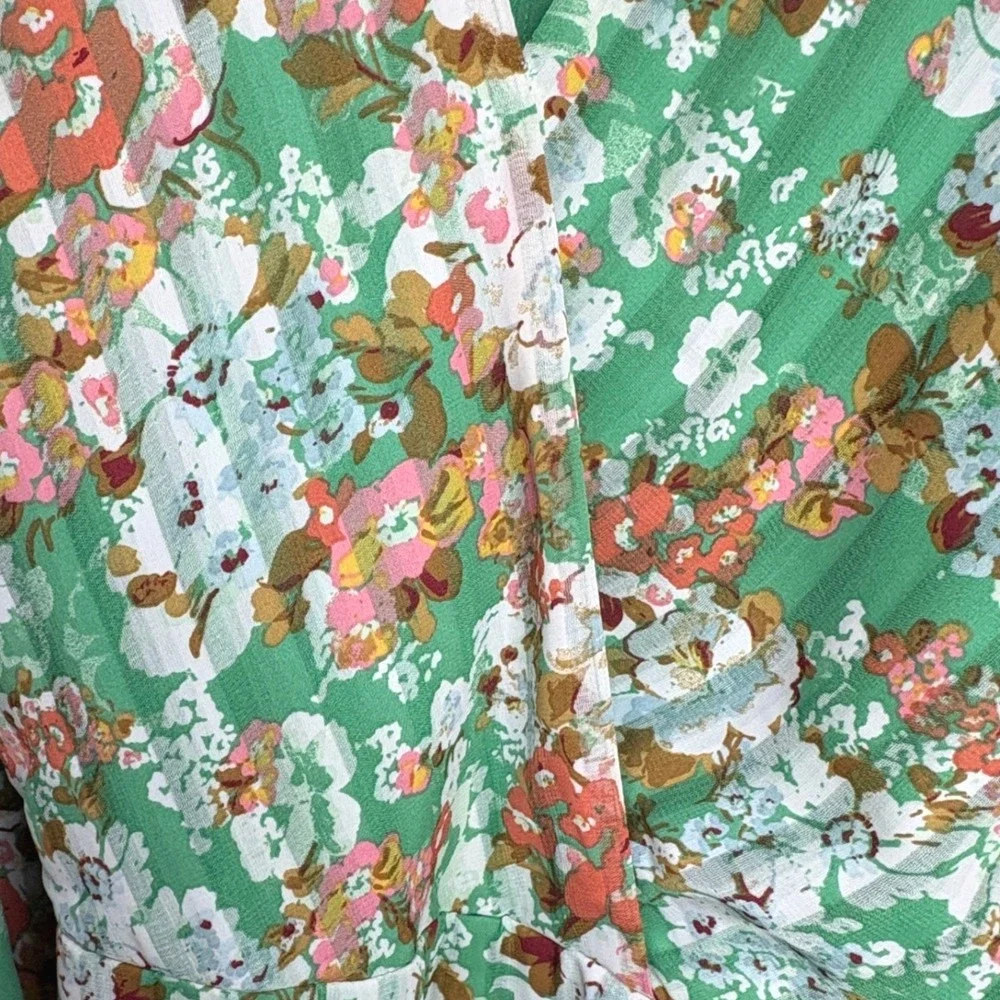 Maison Tara Green Floral Pleated Maxi Dress‎ V-Neck 3/4 Puff Sleeve Belted